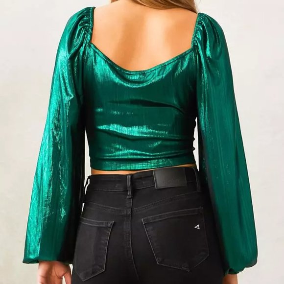 NWT!!! Privy Green Metallic Ruched Corset Cropped Top - Picture 3 of 4